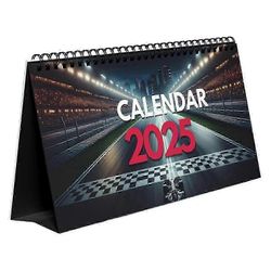 2025 Formula 1 Racing Fan Desktop Planner, jossa on 12 kuukauden kalenteri