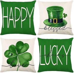 Heyone St Patricks Day indretningspudebetræk 18x18 sæt med 4, Happy Saint Patricks Day dekorationer Lucky Shamrock Hat Grønne pudebetræk, Home Deco...