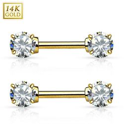 BodyJewelryOnline Par 14kt gule guld brystvortestænger dobbelt prong cz ædelstene -14 gauge 1/2 (12 mm)