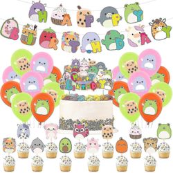 Squish Mallows -syntymäpäiväkoristeet, Squish Mallows -juhlatarvikkeet sisältävät syntymäpäiväbannerin, kakunpäällisen, squish-malvapallot, juhlako...