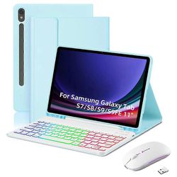 Bluetooth-näppäimistöhiirisarja Samsung Galaxy Tab S10 FE / S9 FE / S9 / S8 / S7 RGB taustavalaistulle näppäimistölle + hiirelle Sky Blue