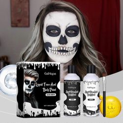unbrand Musta valkoinen kasvomaali, 60ml x 2 kpl kasvojen väri vartalomaali, Halloween meikkisetti meikkisiveltimellä, klovnit zombie vampyyri luur...