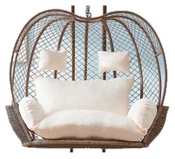 2-paikkainen munanmuotoinen keinutuoli, ulkoriipputuoli, 2 hengelle, paksut pestävät tyynyt, valkoinen, 23,6 x 15 tuuman rottinkikeinu