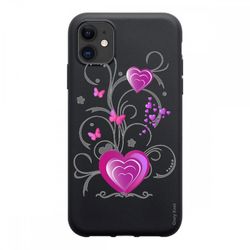 Crazy Kase Case til iPhone 12 Pro (6.1) i mat sort silikone, hjerte og sommerfugl