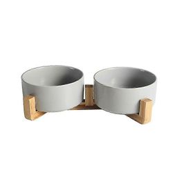 Keraaminen lemmikkikulho suuri tilavuus 850 ml puisella jalustalla, korotettu roiskeeton koiran kissan syöttölaite ruoalle ja vedelle Harmaa kaksoi...