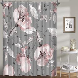 Shower Curtain Rosa grå roseblomster dusjforheng sett - blomsterdesign, blå bakgrunn, stoff vanntett og vaskbar 72*78