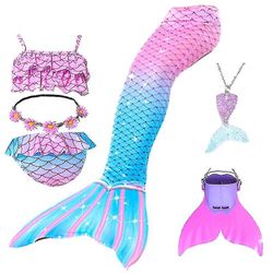 Sommerpige Havfruehale Med Monofin Halloween Kostume Prinsesse Kjole Badedragt Bikini Badedragt Til svømning 6PCS med finner 140cm(9-10T)