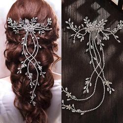 Kvinder Fashion Crystal Rhinestone Langt hår Kam Brude Hår Tilbehør Bryllup Hovedbeklædning Slør Smykker Sølv