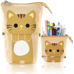 Linkrunning Transformer Stand Store BlyantHolder Canvas + pu Tegneserie Cute Cat teleskopisk blyant pose taske brevpapir pen kasse med lynlås lukni...