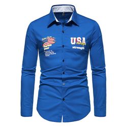 Drupum Mænd USA trykt slankende langærmet skjorter Blå XL