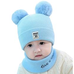 Varychmoo Kids Drenge Piger Vinter Varm Pom Pom Bobble Hat Toddler Strik Hue Tørklæde Sæt Himmelblå