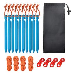 Aluminium Legering Telt Stakes Set, 10pcs 18cm Telt Spil med 4 stk Guy Line Rope, 4 stk Reb spænde og taske, Color Black himmelblå