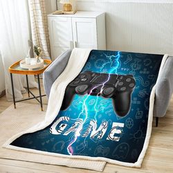 Kerota Gamer Fleece Throw Blanket Gaming Blue Lightning Sherpa Blanket for Bed Sohva Kids Videopeli Pehmo Viltti Gamepad Game Controller Lämmin sum...