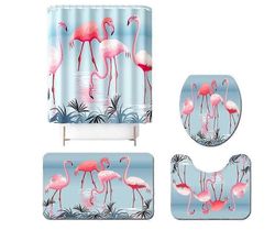 Amyi Flamingo Print Kylpyhuoneverho Cartoon Digital Kylpyhuone Liukumaton mattosarja Suihkuverho Neliosainen setti