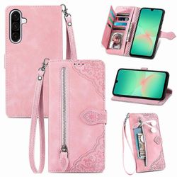 Samsung Galaxy A26 5G vetoketjullinen lompakkokotelo hihnalla kukkapainatus PU nahkainen puhelimen kansi Monivärinen Pink