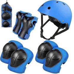 Suren Kids Protective Gear Set,7 I 1 hjelm, knæ puder &albue puder håndledsbeskytter beskytter til scooter, Skateboard Blå