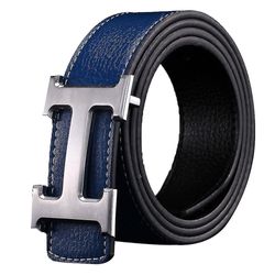 Ny stil Business Fritid Ekte Pu Leather H Glatt Buckle Litchi Grain Belt For Men V Blå-sølv spenne