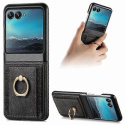 Motorola Razr 50 Ultra -lompakkokotelolle, PU-nahkainen iskunkestävä suojakotelo kortinpidikkeellä ja metallisella rengaspidikkeellä Musta