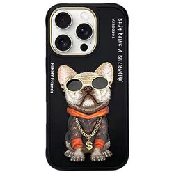 NIMMY iPhone 16 Pro -kotelon kirjonnalle PU-nahka + PC + TPU-puhelimen kansi - musta mopsi koira Monivärinen Black Pug Dog