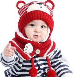 Baby Hat Bib Earmuff Sæt Bear Style Uld Strik Tørklæde Hat Winter Kids Hat Rød