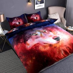 Wolf Duvet Cover Set 3kpl Galaxy-teeman vuodevaatteet setti, jossa on 4 kulmanauhaa mukava hengittävä eläinten peittokansi pojille, lapsille ja tei...