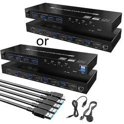 USB3.0 HDMI-kompatibel KVM-switch med 4 USB-kabler og fjernbetjening