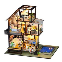 Sofirn Diy Træ Dukke House Miniature Kit med møbler og lampe Børnegave Style 2