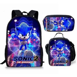 Bhtv 3kpl Sonic-reppu + lounaspakkaus + kynälaukku Koululaukkulaukut Lapset Ala-asteen yläkoululaiset Reppu Olkalaukku Penaali Ääni-6 Backpack
