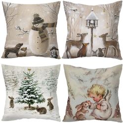 Sunrain Dekorativt pudebetræk Jul - 18 x 18 tommer Animal Snowman Rabbit Deer Silver Xmas Pudebetræk - Sæt med 4 firkantet pudebetræk, gave Compatib