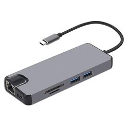 JVY 8 i 1 Type-C til HDMI + USB 3.0 + USB 3.0 + Type-C + LAN + VGA + TF/SD-kortlæseradapter (grå)