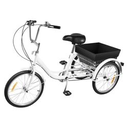 20 tuuman aikuisille tarkoitettu kolmipyöräinen säädettävä 3-pyöräinen maantiepyörä korilla, musta/valkoinen