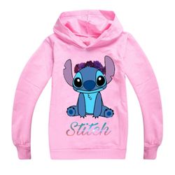 Guoguo Kids Boys Girls Stitch Print Langermet hettegenser Pullover Topper Casual Hooded Sweatshirt Rosa 13-14 Years