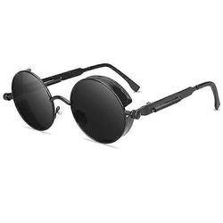 Steampunk solbriller Vintage Retro Mænd Kvinder Circle Cyberpunk Briller Sort ramme grå linser