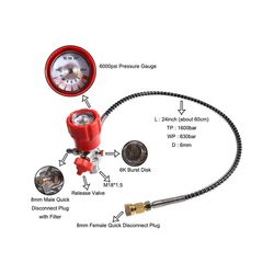 Co2 Tank trykluft Din ventilmåler & Tankstation, 6000psi Højtryk, 6 mm hurtig frakobling Sort rød