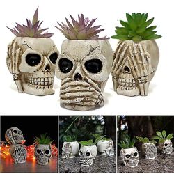 Duqi 3 stk Creative Skull Flower Pot Ornament Personlig Resin Desktop Dekorasjon For Home Living Room Cabinet