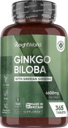 WeightWorld Ginkgo Biloba & Ginseng 6600mg - 365 vegaanista tablettia (1 vuosi) - flavoniglykosidit