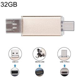 JVY 32 GB 3 i 1 USB-C / Type-C + USB 2.0 + OTG Flash Disk, til type-C Smartphones &PC Computer (Guld)