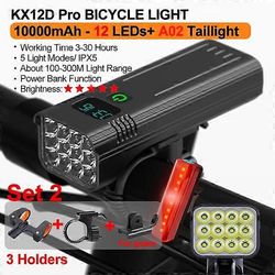 polkupyörän osat 10000mAh polkupyörän valo 12LEDs tyypin C digitaalinen akun ilmaisin USB ladattava pyörävalosarja 3 pidikkeellä 5000LM taskulamppu...