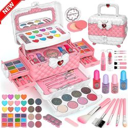 Børn Makeup Toy Kit Vaskbar Børn Makeup Skønhedslegetøj med bærbar kosmetikboks Sort