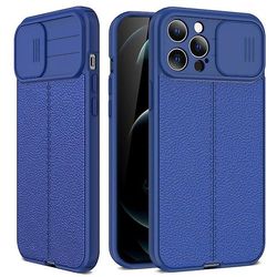 Litchi Mønster Pu glidende vindue Blød Tpu telefon sag blå iPhone12