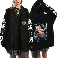 Anime Sweatshirt Kimetsu Ingen Yaiba Demon Slayer Lynlåsjakker Kokushibo Kamado Nezuko hættetrøjer Kyoujurou Langærmet Sweatshirts-F86 sort L