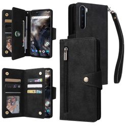 Foxdock Yhteensopiva OnePlus Nord Case PU -nahkaisen magneettisen käännettävän vetoketjullisen kortinhaltijan lompakon kannen kanssa Musta