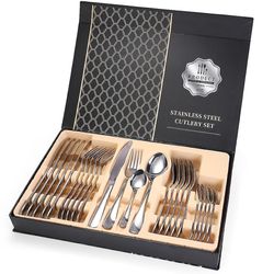 Aoweisia 24pcs / sæt luksus rustfrit stål bestik sæt Sølv