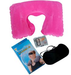 Coosilo 3stk Rejse oppustelig pude, øjenmaske og ørepropper, Frokostpause U-formet pude rosa rød