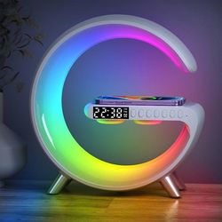 Multifunksjonell trådløs Qi-lader vekkerklokke høyttaler app kontroll RGB nattlys ladestasjon for iphone Xiaomi Samsung hvit834