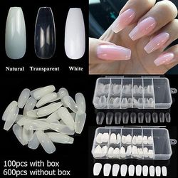 100/ 600stk Ballerina Nail Art Tips Gennemsigtig hvid Naturlig falsk kiste negle Kunst Tips Flad form Fuld cover Manicure Falske negle tips 100pcst...