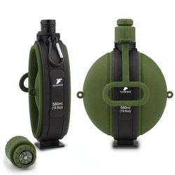 Vandflaske 580ml Sammenklappelig militær mad grade silikone vand kedel kantine med kompas flaske hætte til vandreture Camping Grøn