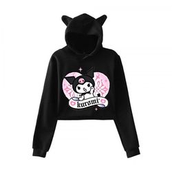 Fsu Sanrio Kawaii Kuromi hettegenser Girl Short Crop Top Høst Ny tegneserie My Melody Print Cat Ears hettegenser Girl Gift Hello Kitty XXS black