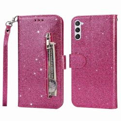 Samsung Galaxy S24 -kotelolle kimalteleva puhelimen lompakon kansi vetoketjutaskulla Vaaleanpunainen Rose