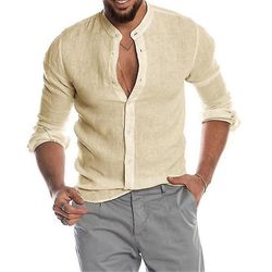 Ny menns ensfarget lin langermet skjorte Cardigan langermet herreskjorte khaki S